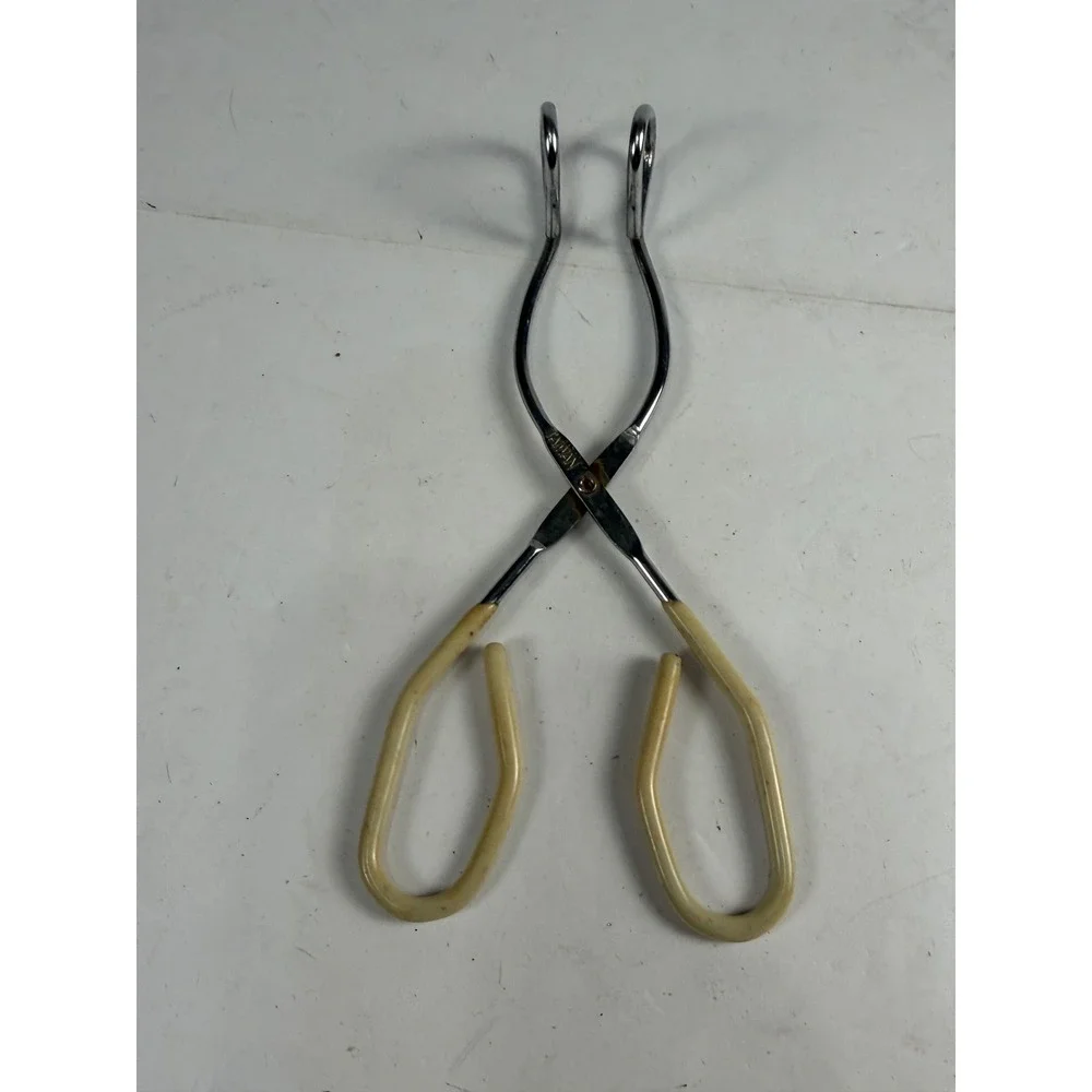 Vintage Canning Jar Lifter Scissor Tongs Chrome Cream Rubber Grip Taiwan Kitchen